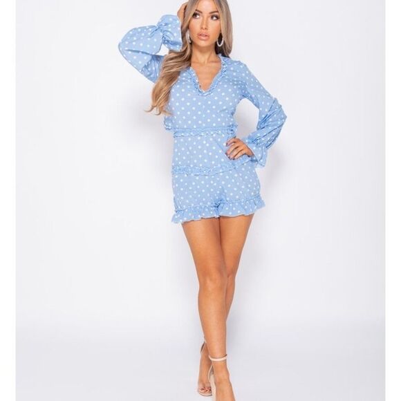 NWT NEW Parisian Light Blue Polka Dot Long Sleeve Backless Romper - Picture 5 of 9
